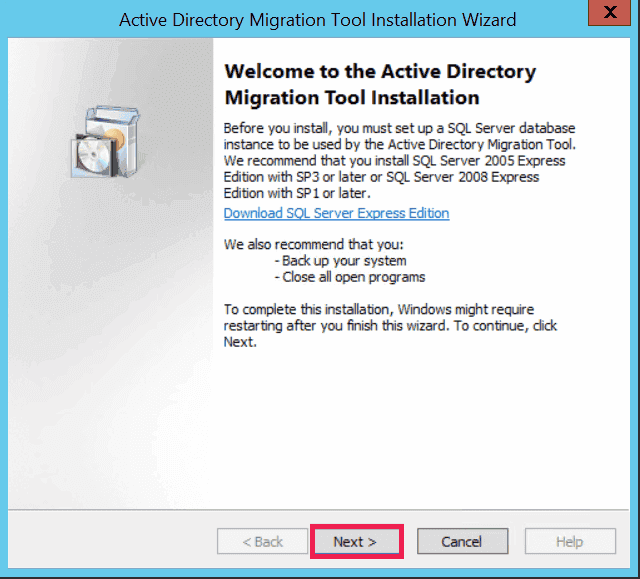 Welcome screen for ADMT installation highlighting the requirement for a SQL Server 2005 or 2008 Express instance.