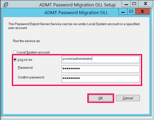 Enter the service account credentials that must be used to run the Password Export Server.