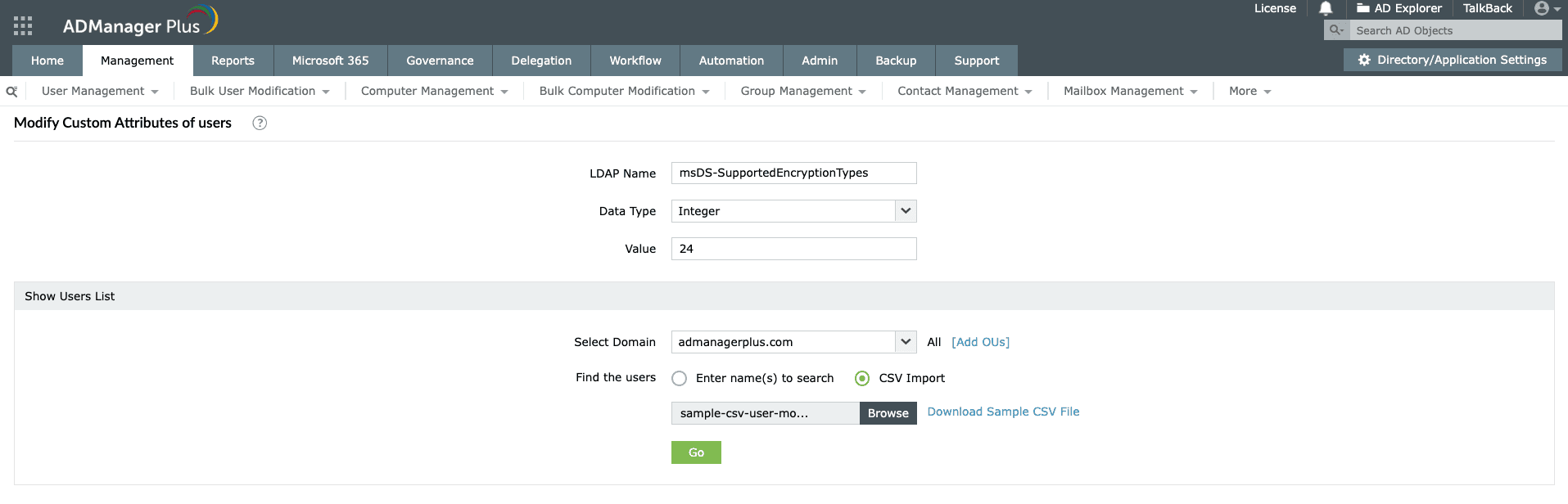 Bulk updating msDS-SupportedEncryptionTypes via CSV import in ADManager Plus.