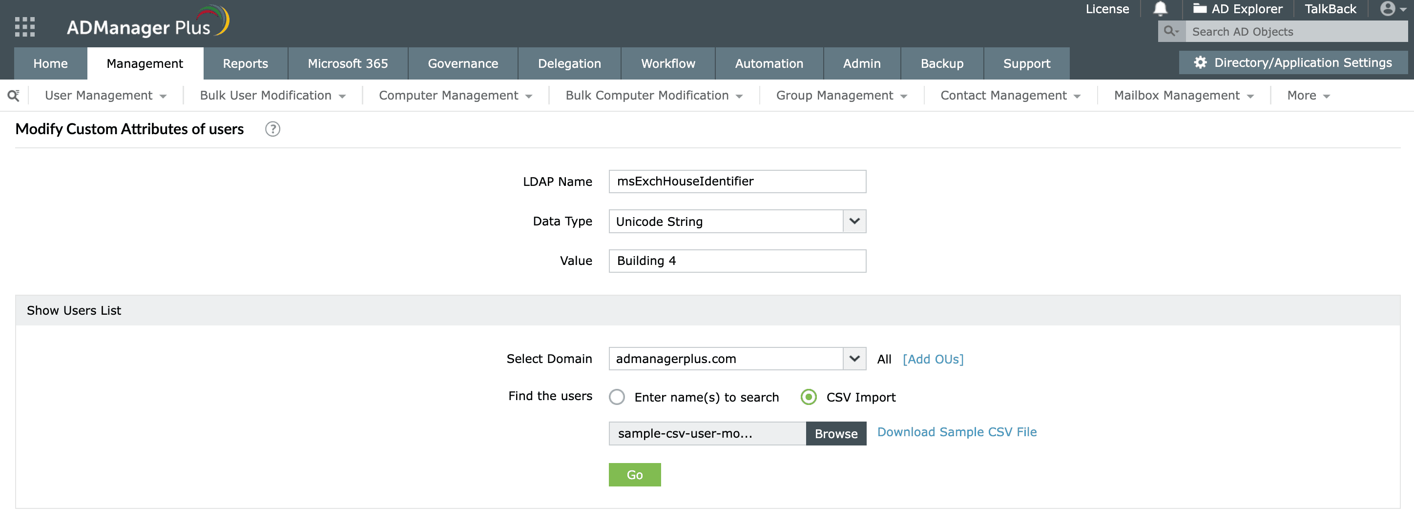 Bulk updating msExchHouseIdentifier via CSV import in ADManager Plus.