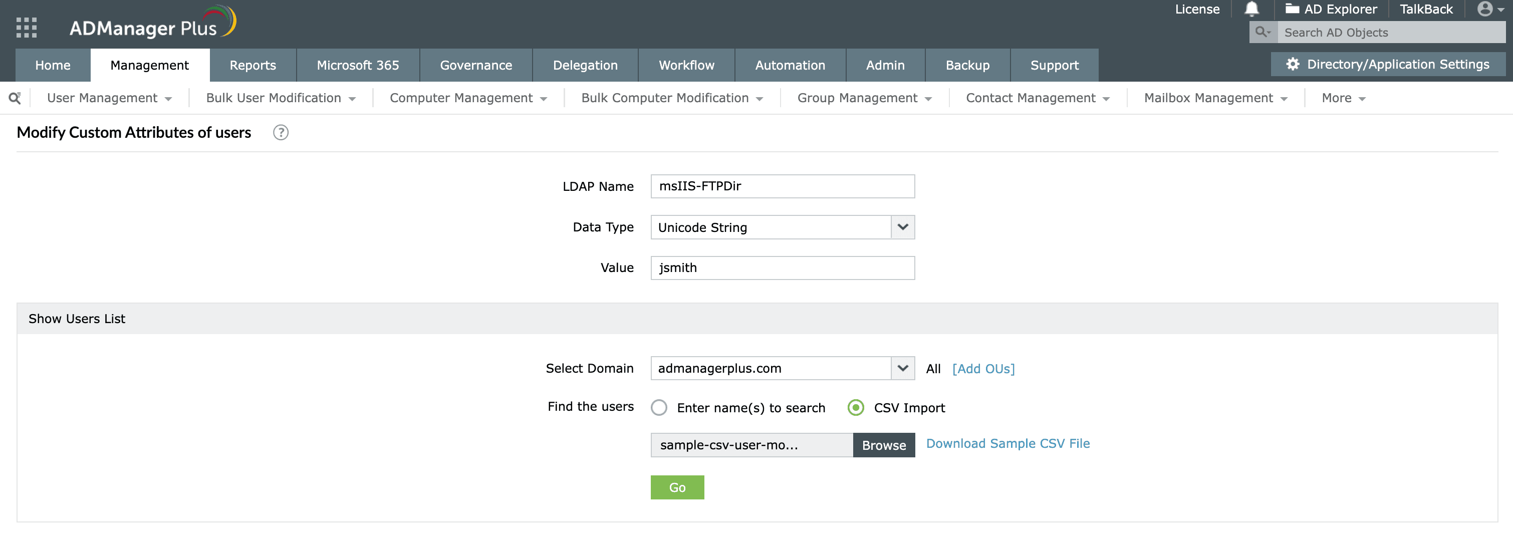 Bulk updating msIIS-FTPDir for multiple users via CSV import in ADManager Plus.
