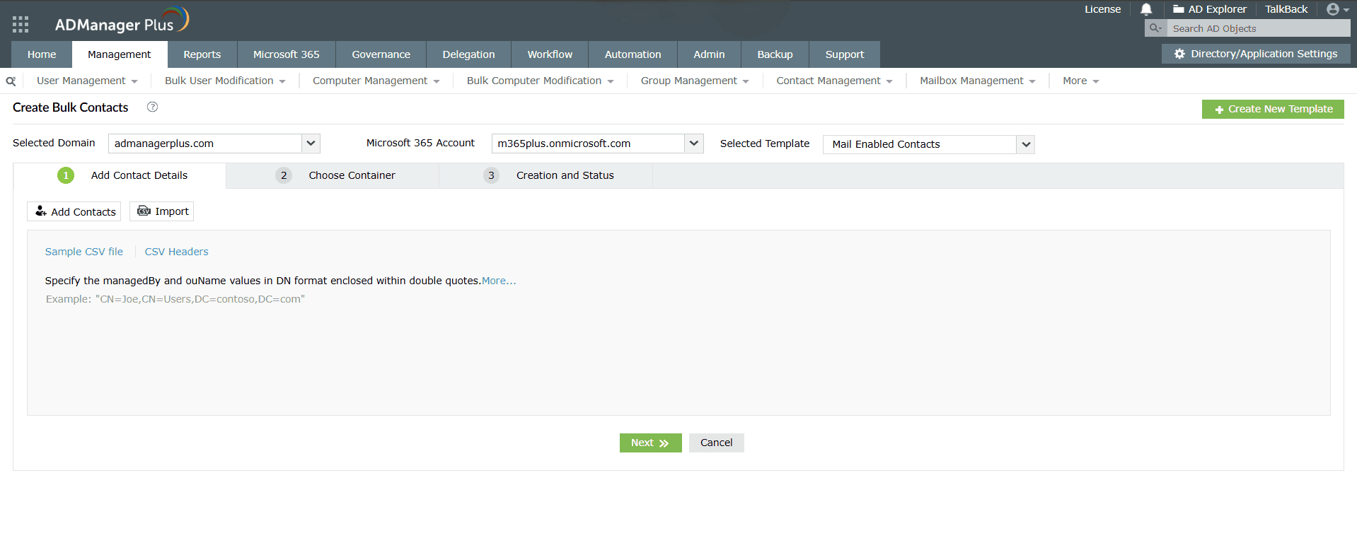 How to create bulk contacts in Active Directory through CSV import using ADManager Plus