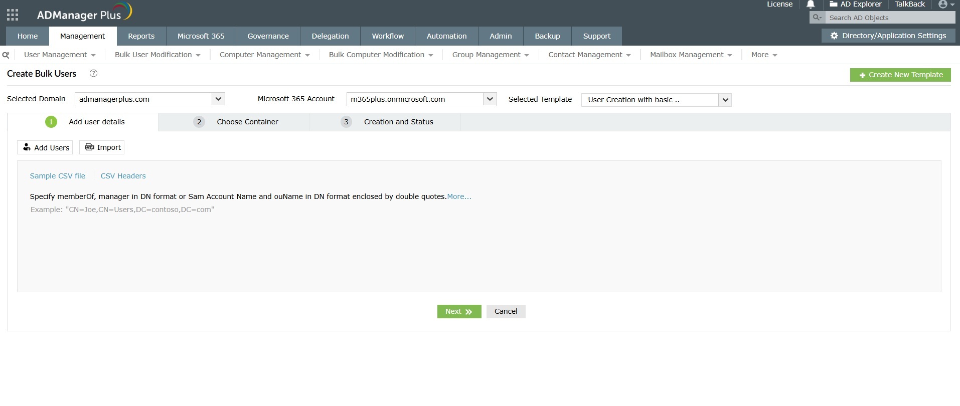 How to create bulk users through CSV import in Active Directory using ADManager Plus