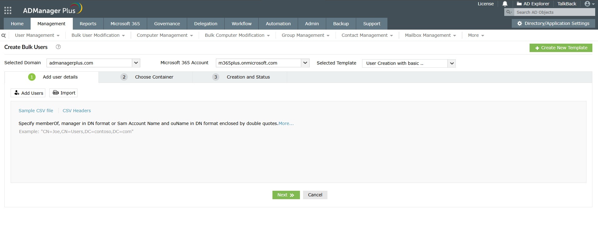 How to create bulk users in Microsoft 365 through CSV import using ADManager Plus