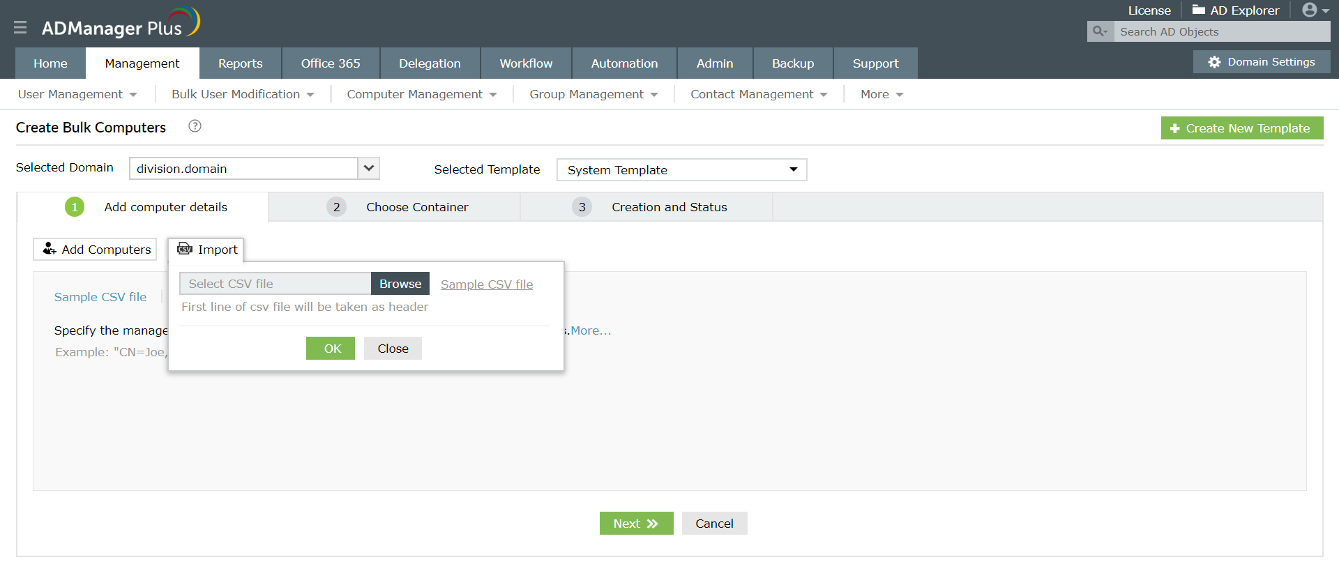 How to create computers in bulk in Active Directory using ADManager Plus
