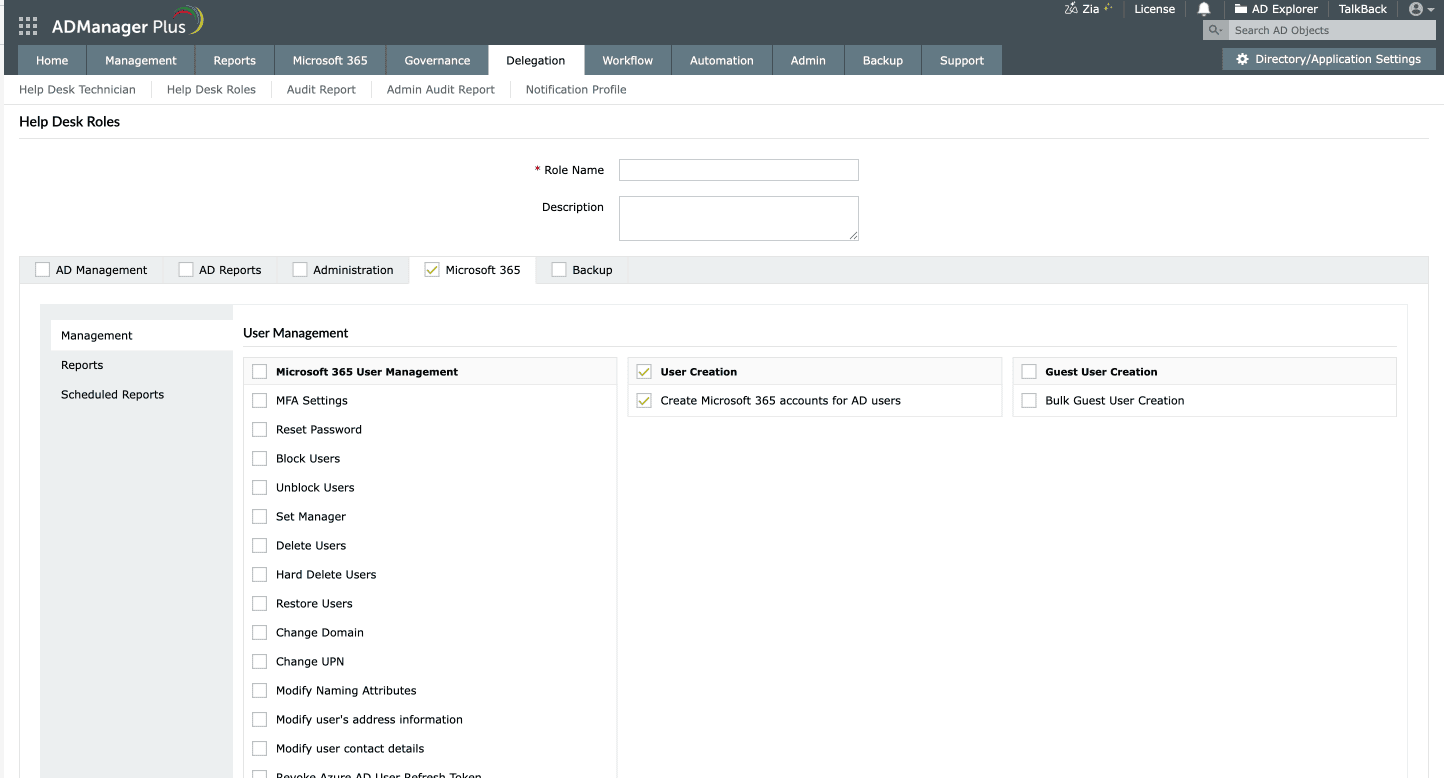 Delegate Microsoft 365 management and reporting tasks to technicians using ADManager Plus.