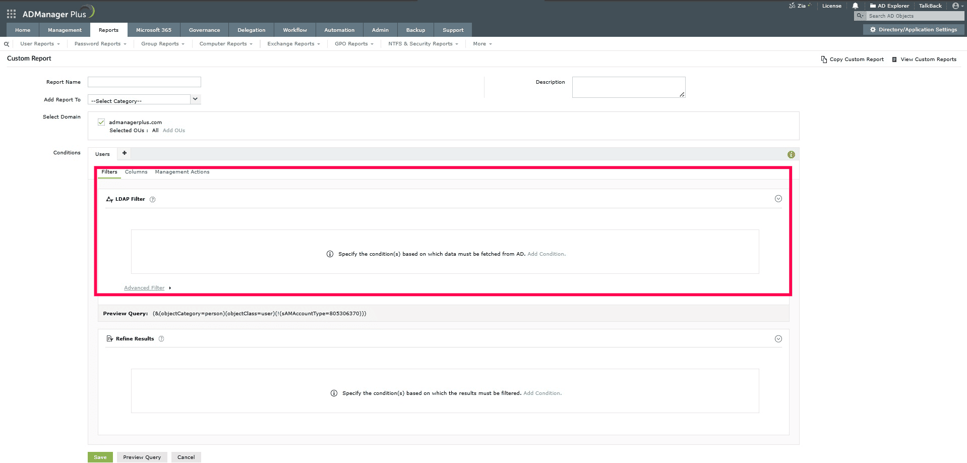 How to use filters to narrow down search results in custom reports using ADManager Plus