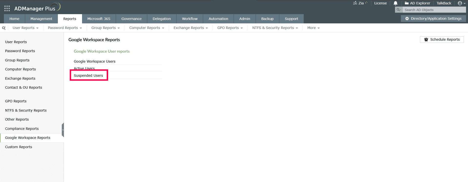 How to get Google Workspace suspended users report using ADManager Plus