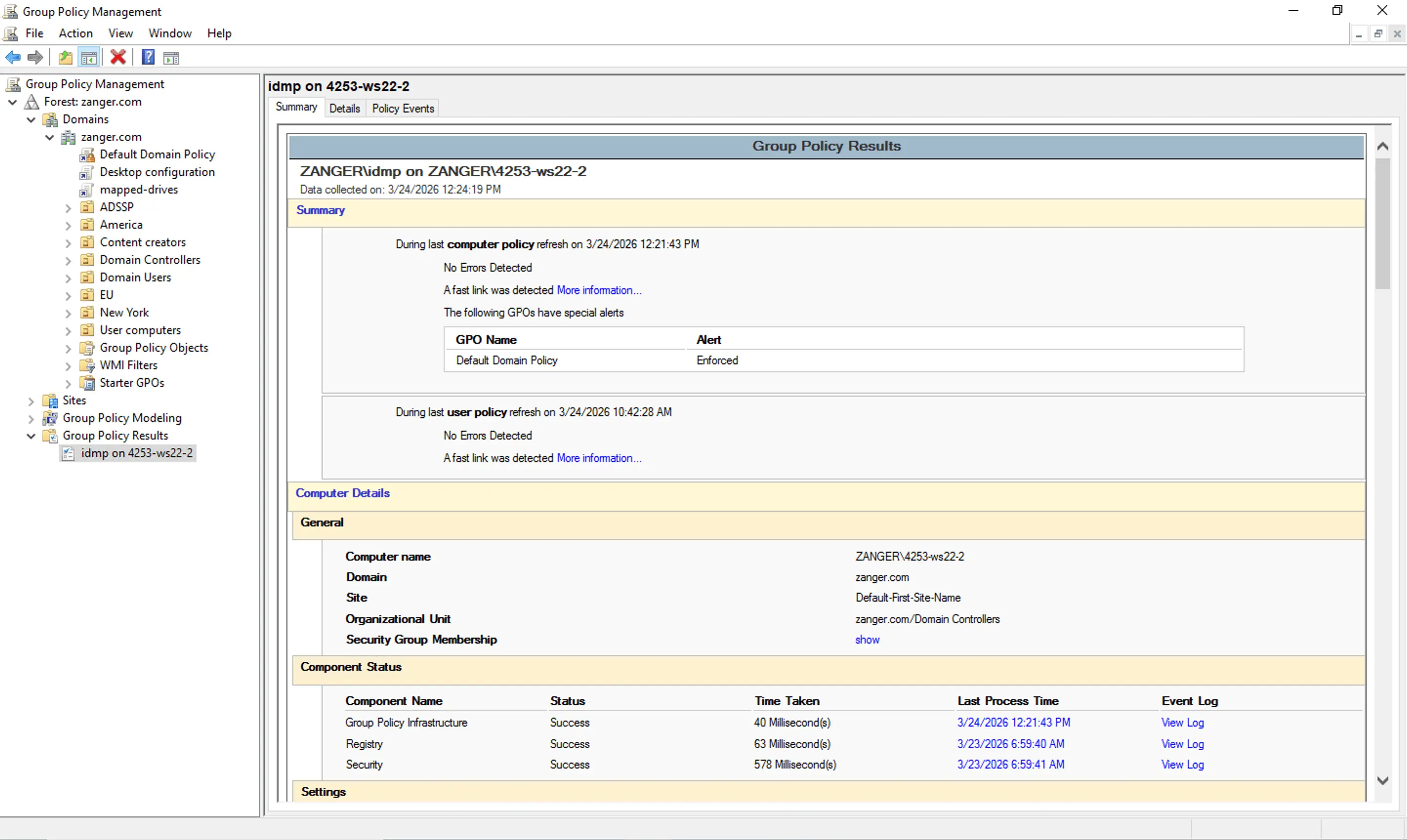 Group Policy Results Wizard in GPMC showing summary of selections for user and computer policy settings