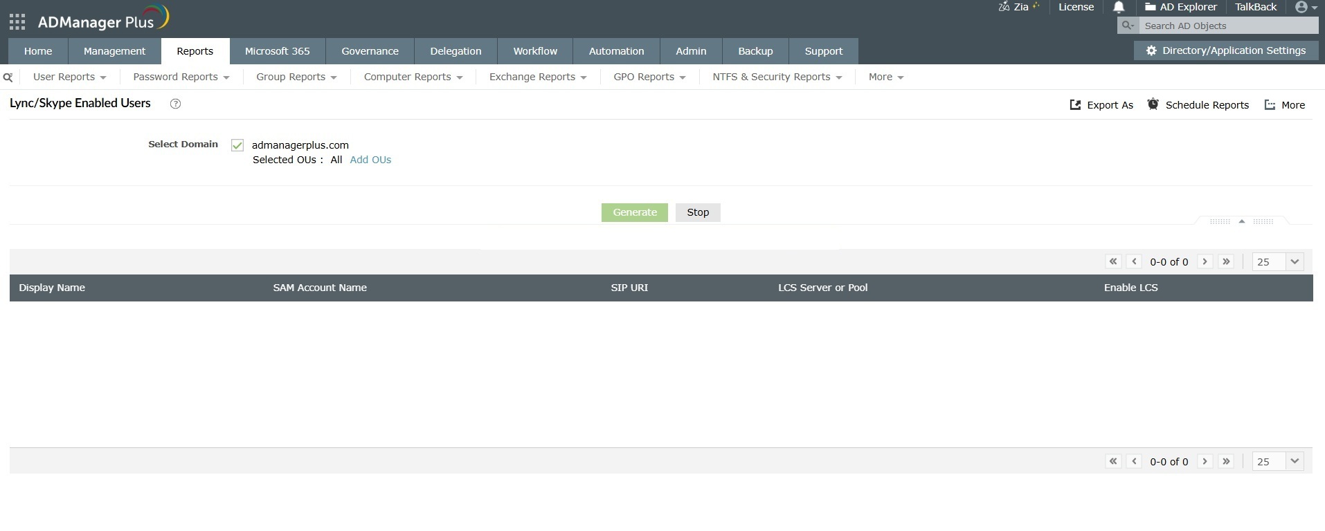 How to get Lync/Skype enabled users report in ADManager Plus