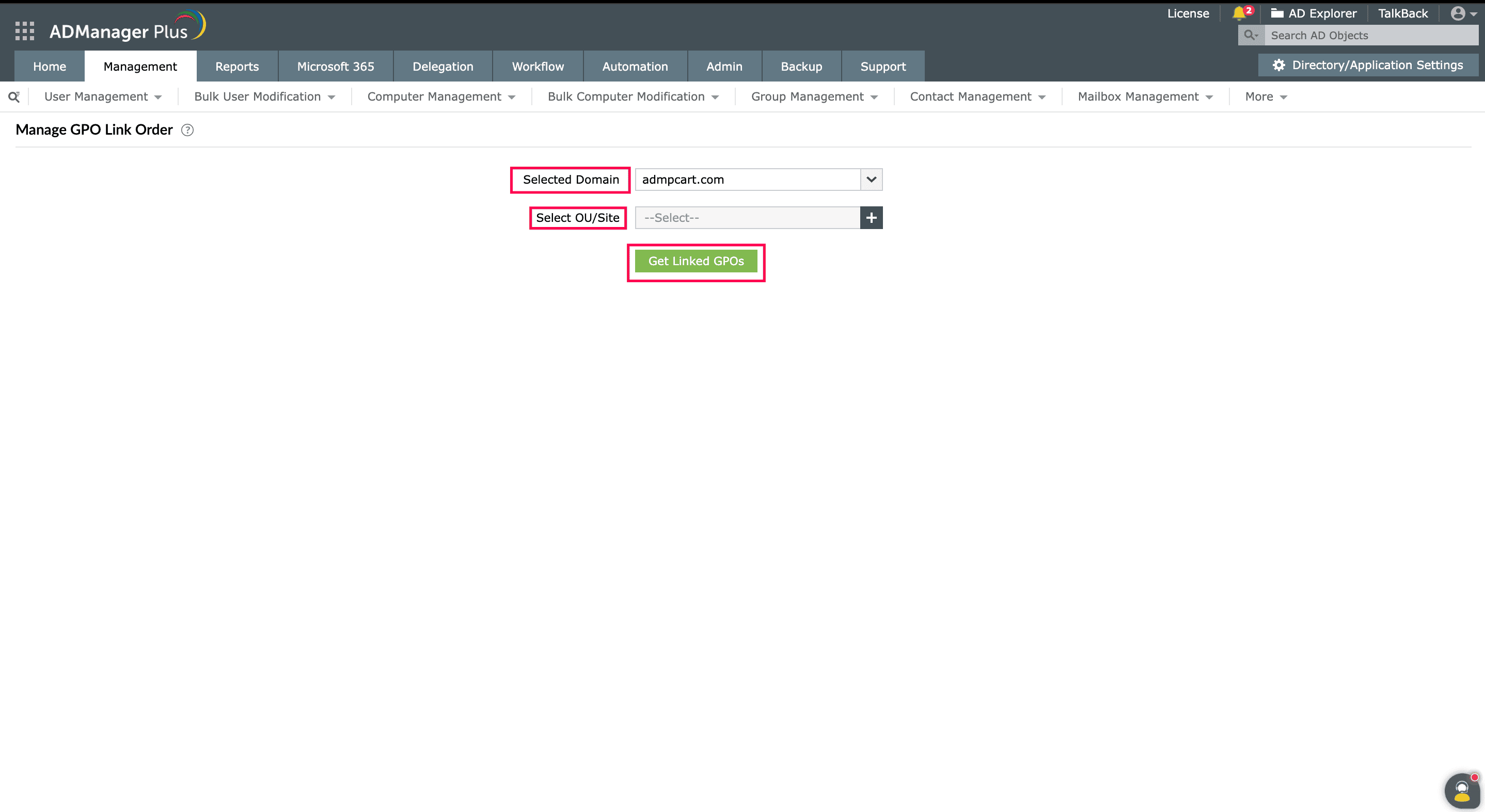 Manage GPO Link Order page