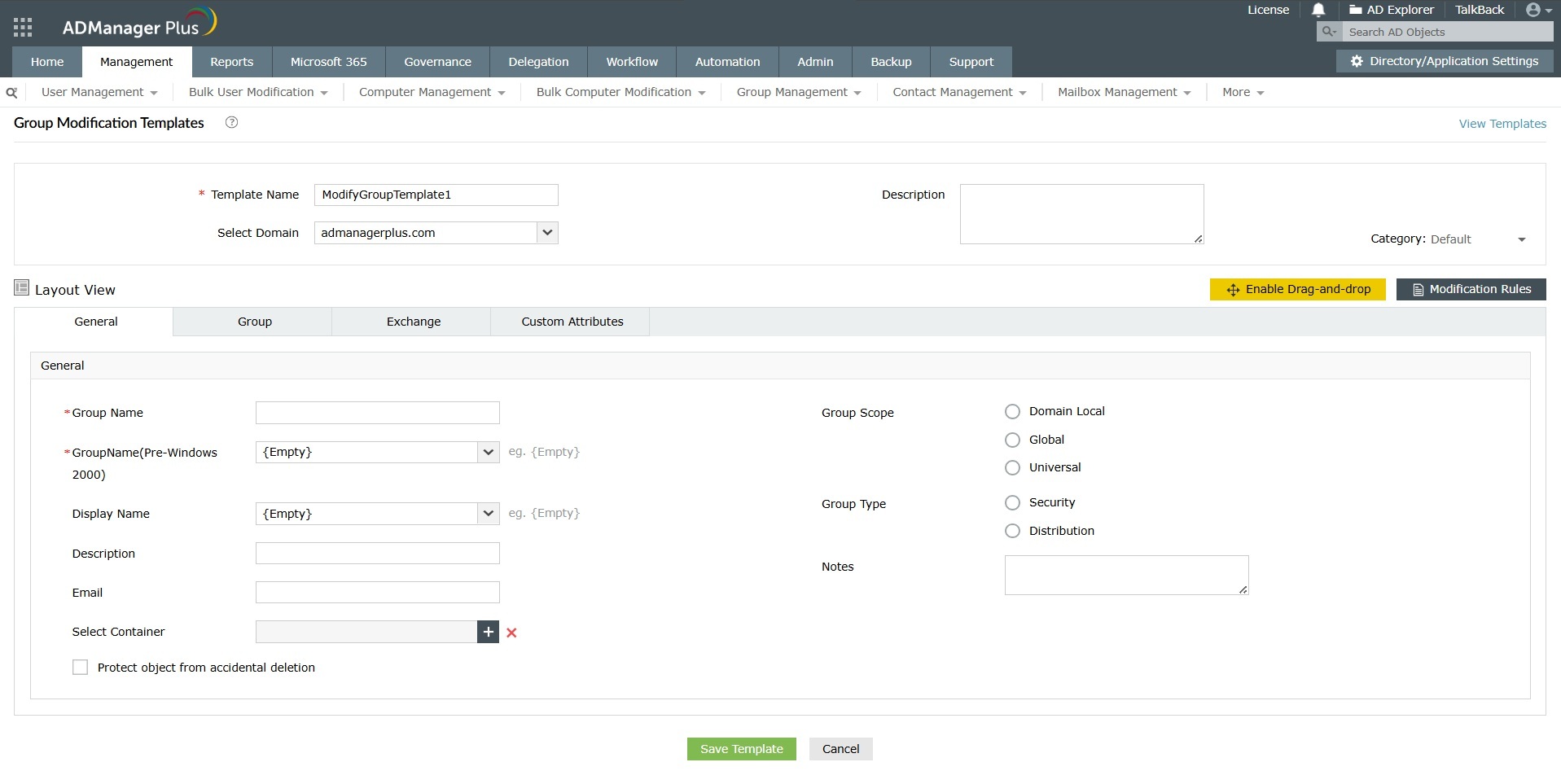 How to modify Active Directory groups in bulk using templates in ADManager Plus