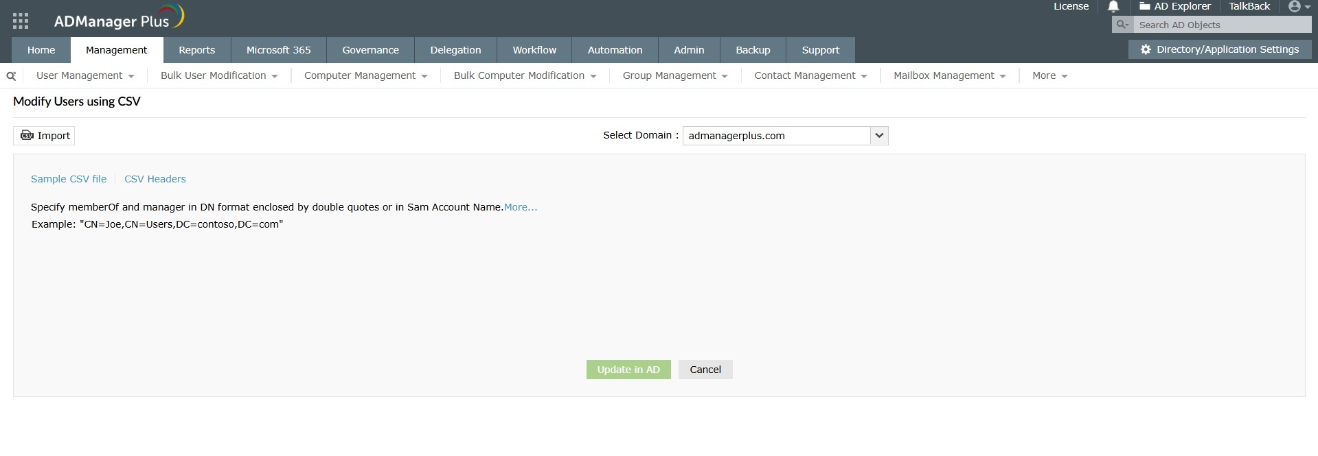 How to modify bulk users through CSV import in Active Directory using ADManager Plus