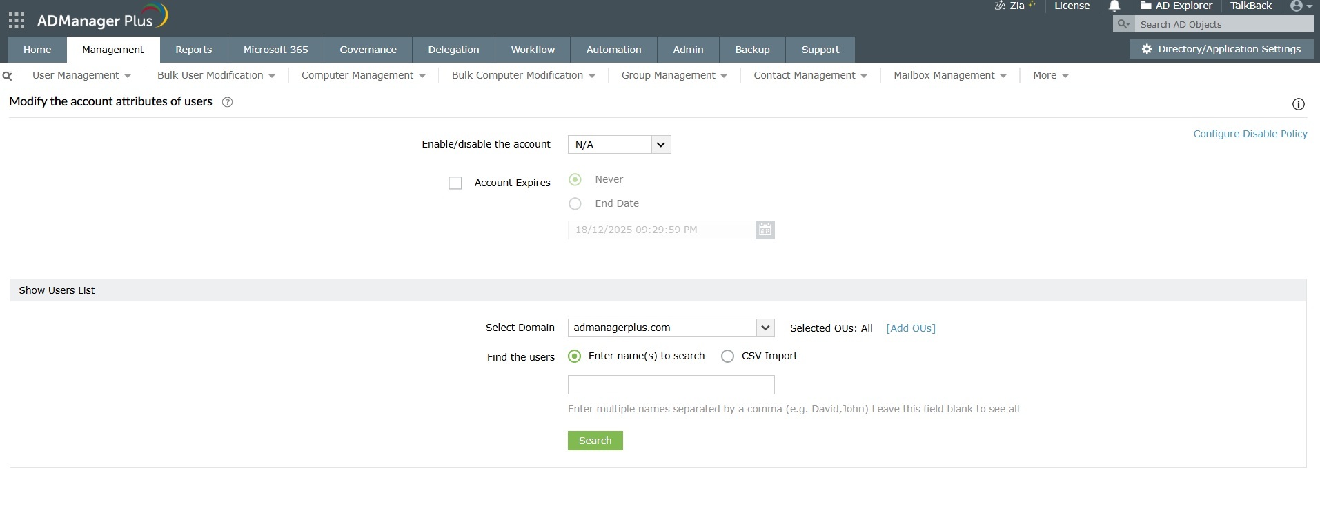 How to modify users based on Active Directory tasks using ADManager Plus