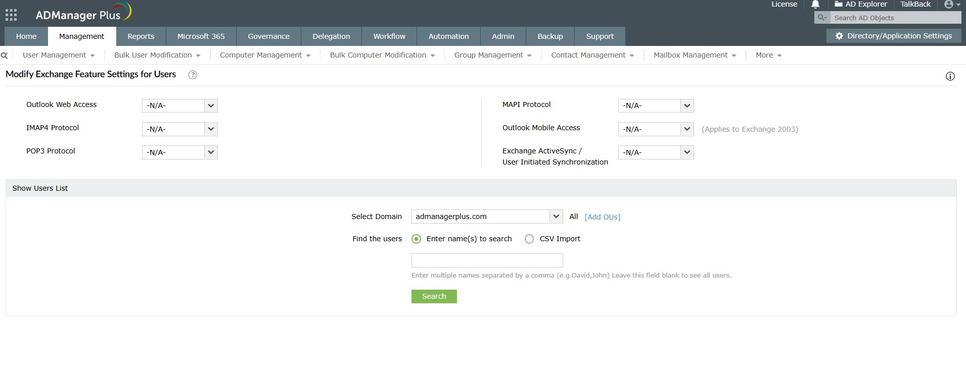How to modify users based on Microsoft Exchange server tasks using ADManager Plus