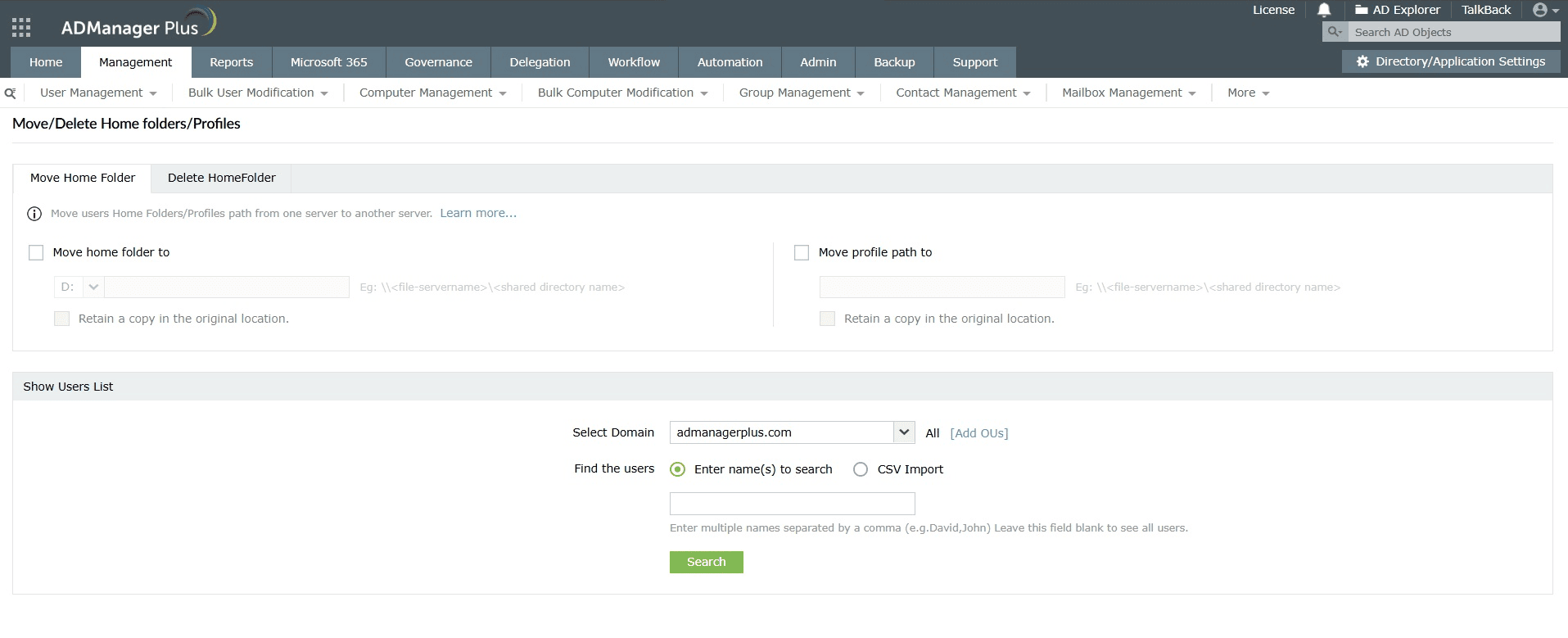 How to move home folder in Active Directory using ADManager Plus