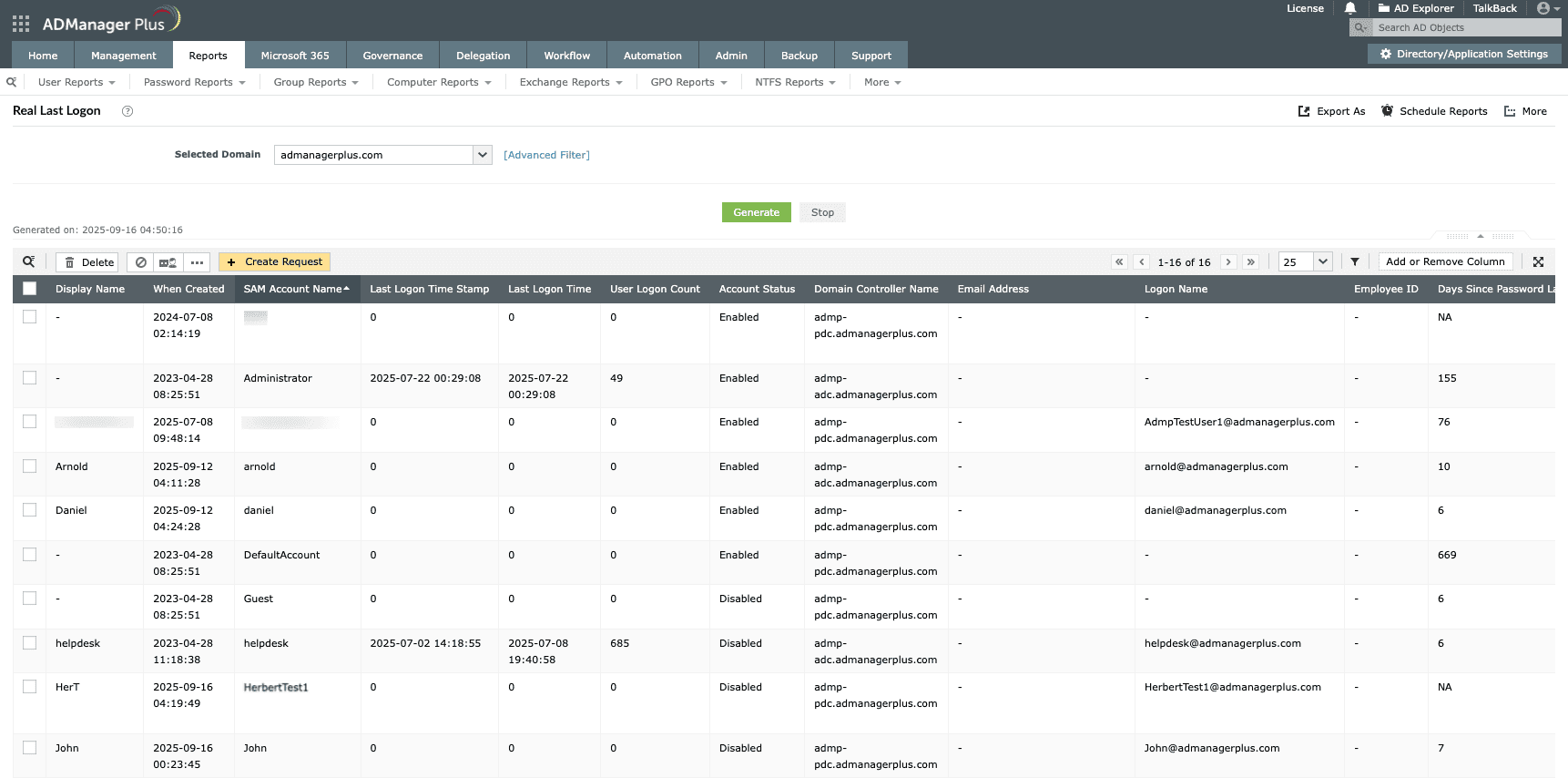 The Real Last Logon report generated in ADManager Plus