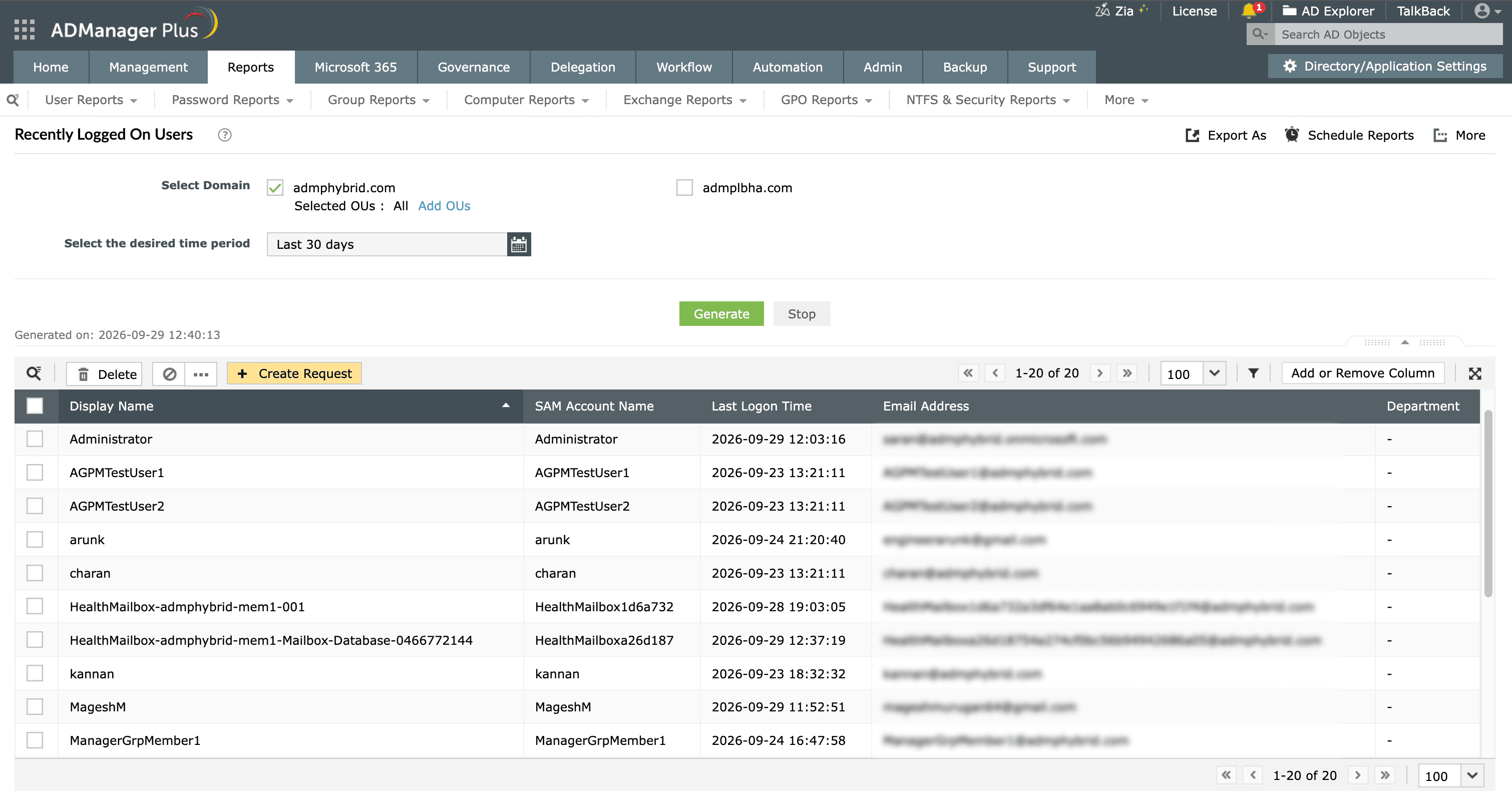 The Recently Logged On Users report generated in ADManager Plus