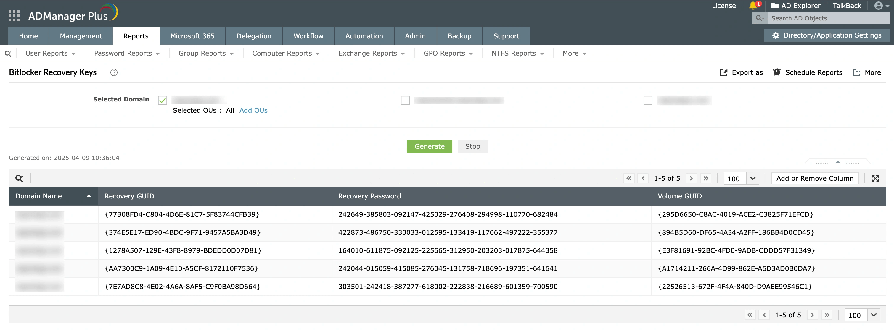 Generating the Bitlocker Recovery Keys report in ADManager Plus to audit msFVE-RecoveryPassword values.