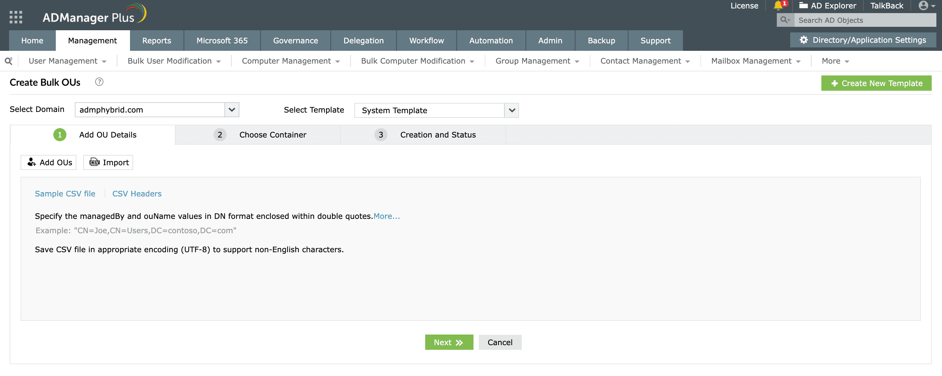 Creating multiple OUs in AD with a CSV file using ADManager Plus.