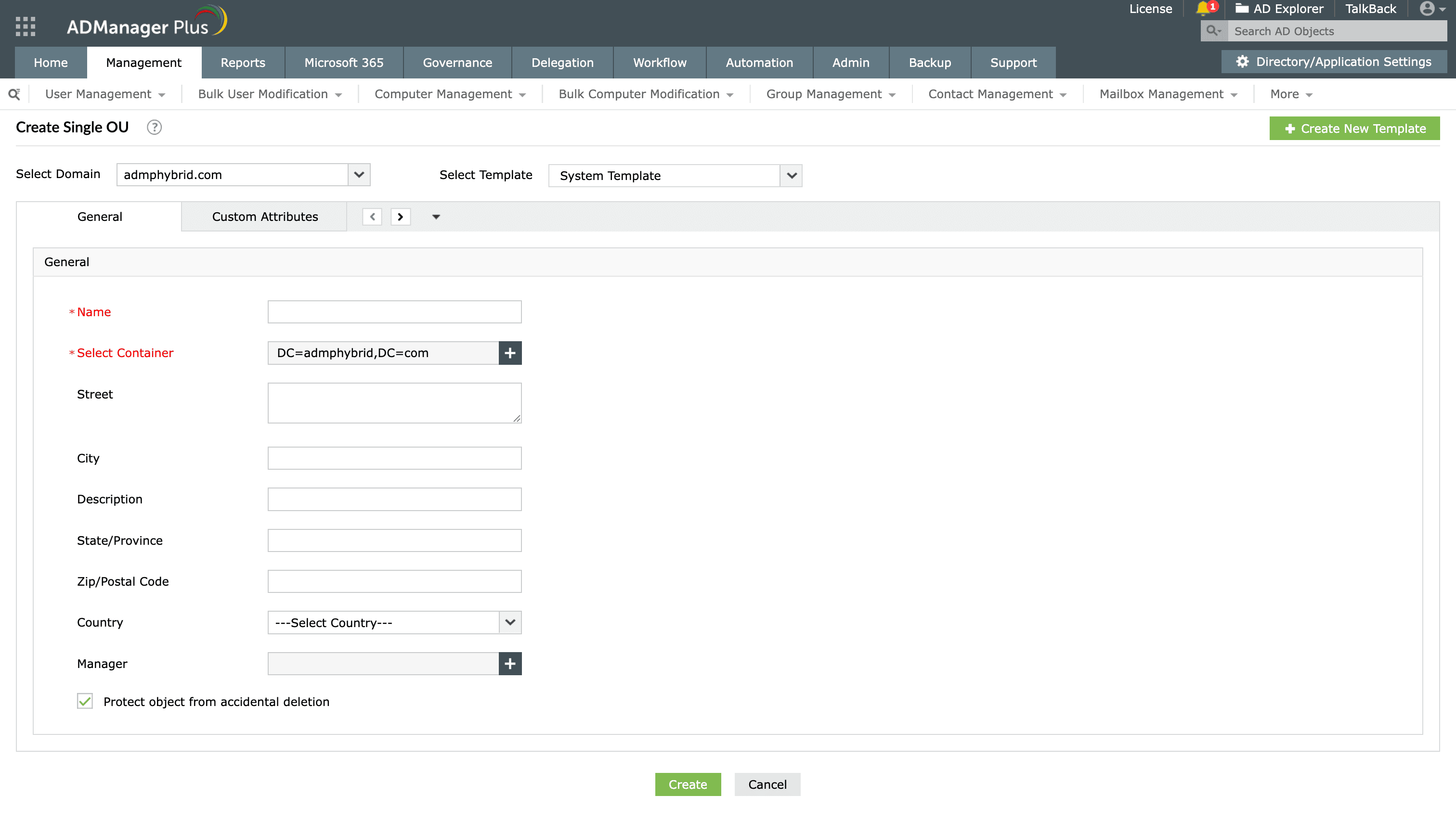 Creating a single OU in AD using ADManager Plus.