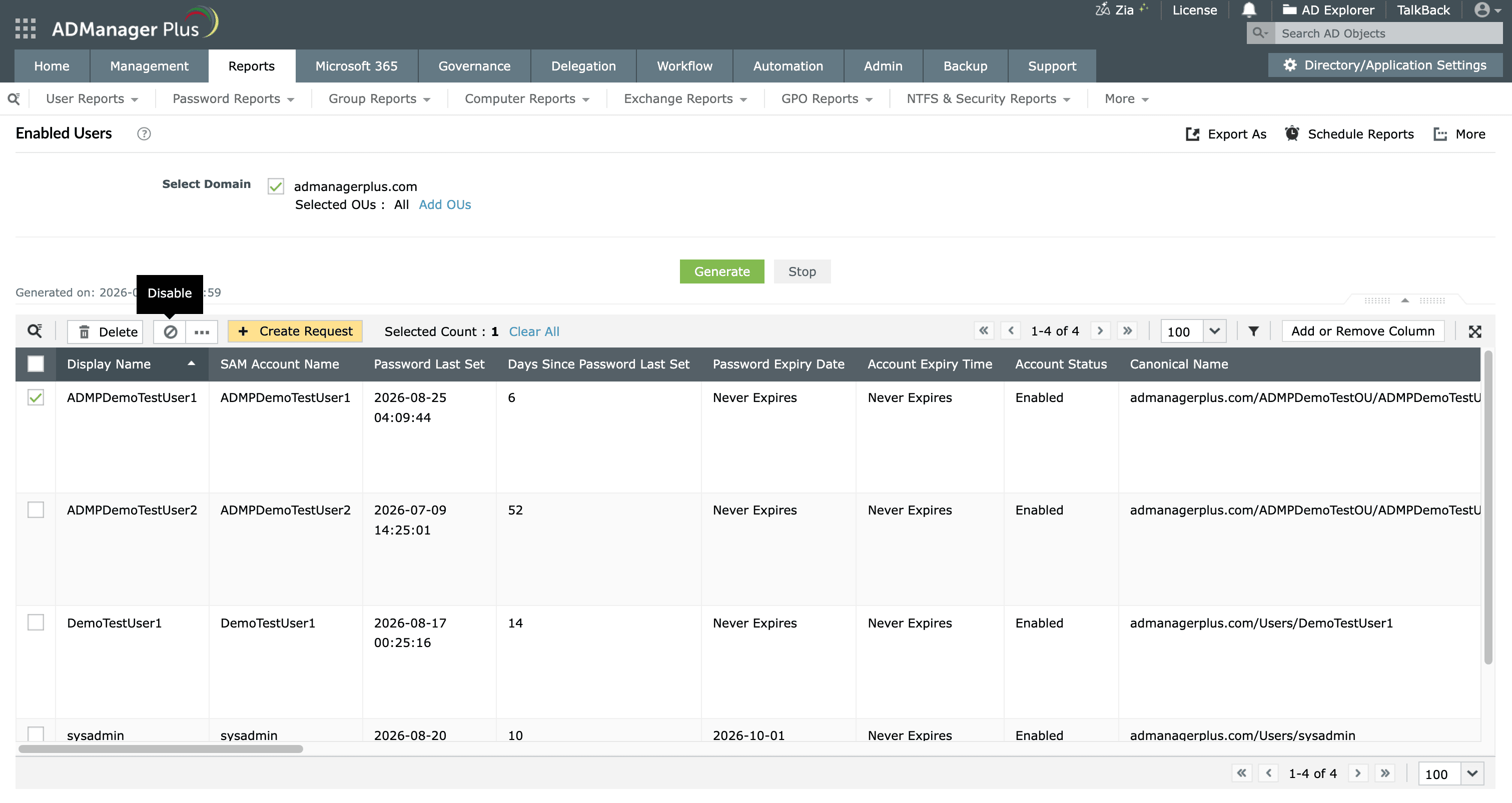 Disabling AD users directly from the Enabled Users report in ADManager Plus.