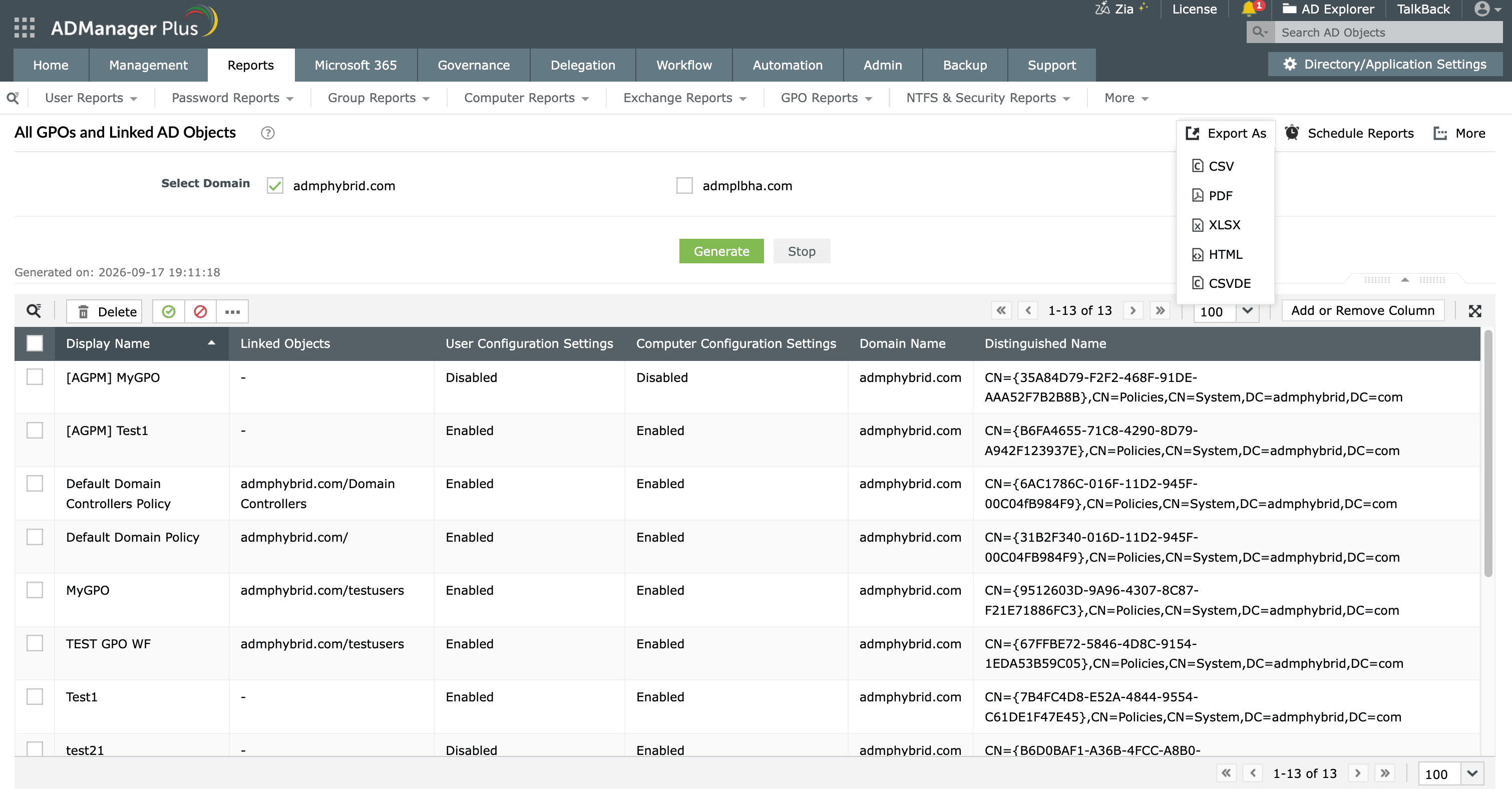 Generating a GPO report in ADManager Plus.