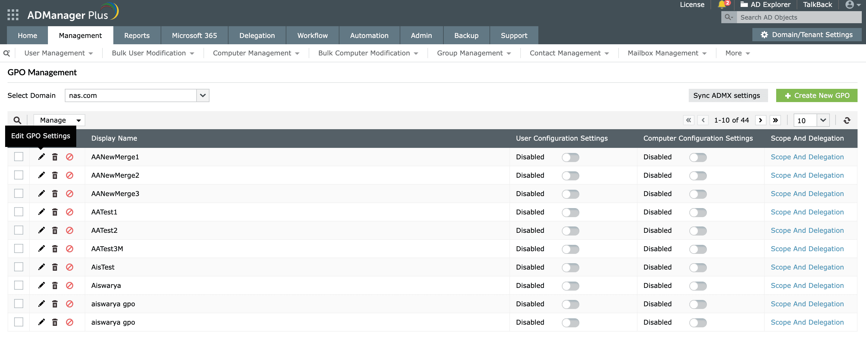 Navigating to the GPO Management page in ADManager Plus to edit GPOs
