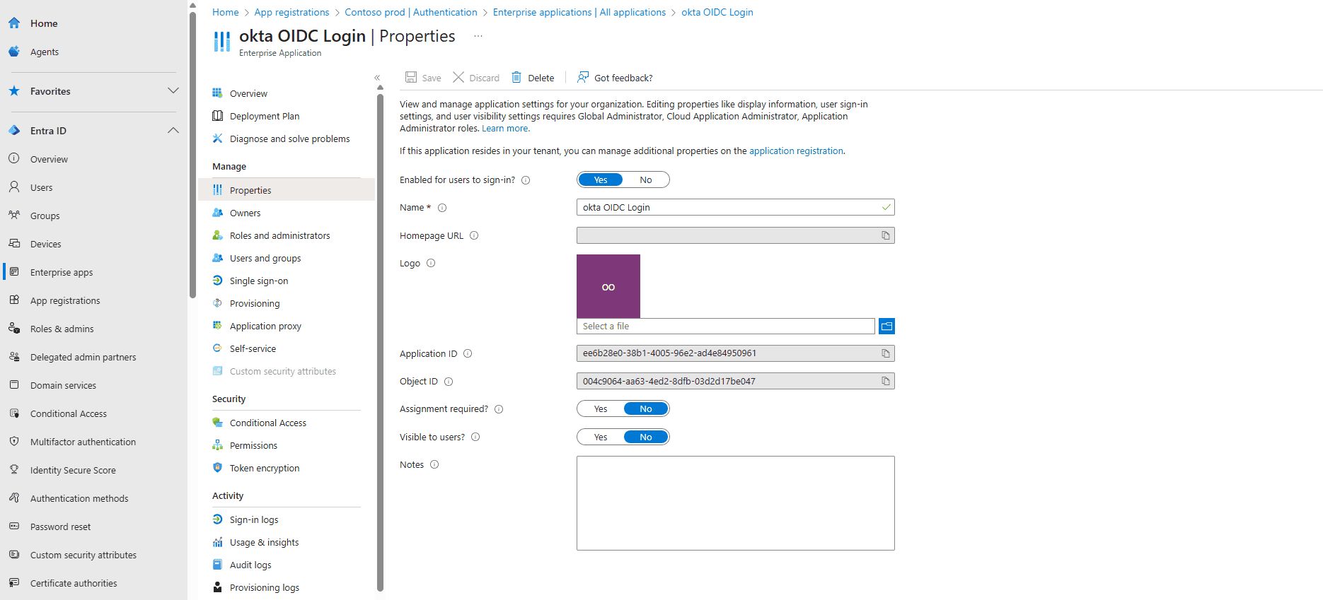 Updating service principals in the Microsoft Entra ID using Microsoft Entra admin center.