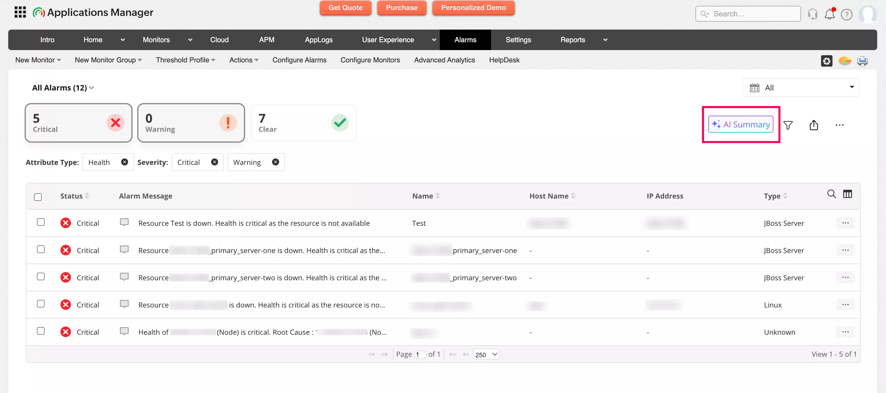AI Alarm Summary | ManageEngine Applications Manager An image highlighting AI Alarm Summary button in the ManageEngine Applications manager Alarms UI