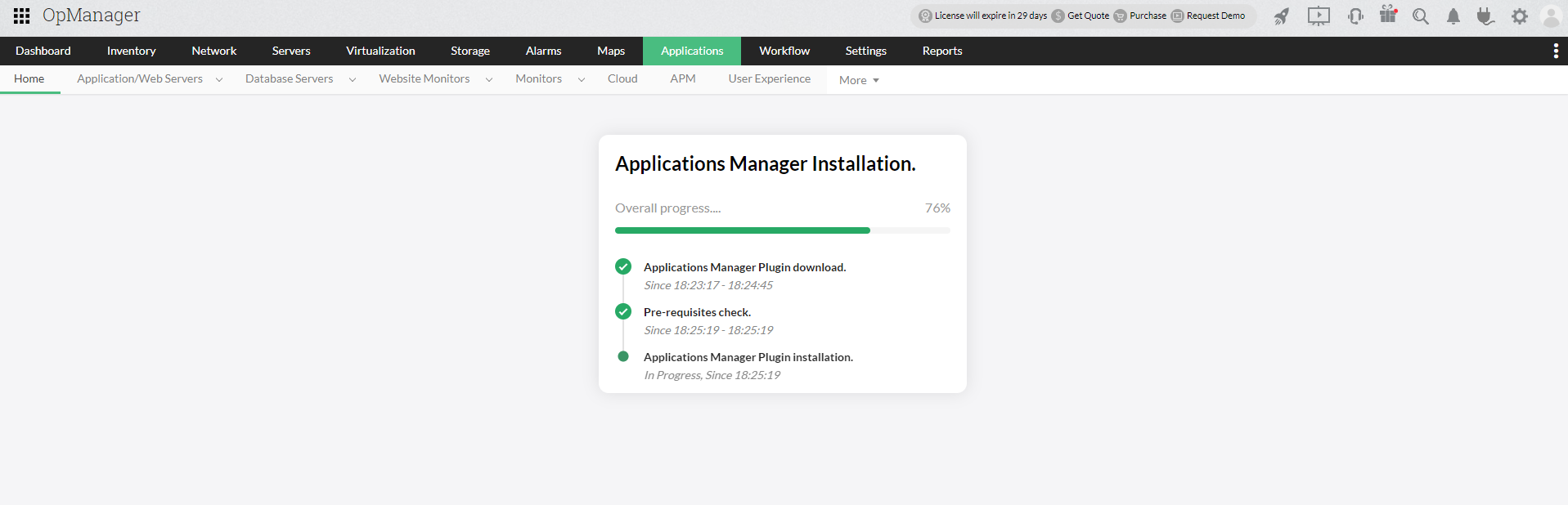 Applications Manager Applications Manager Plugin for OpManager: APM Plugin installation in progress