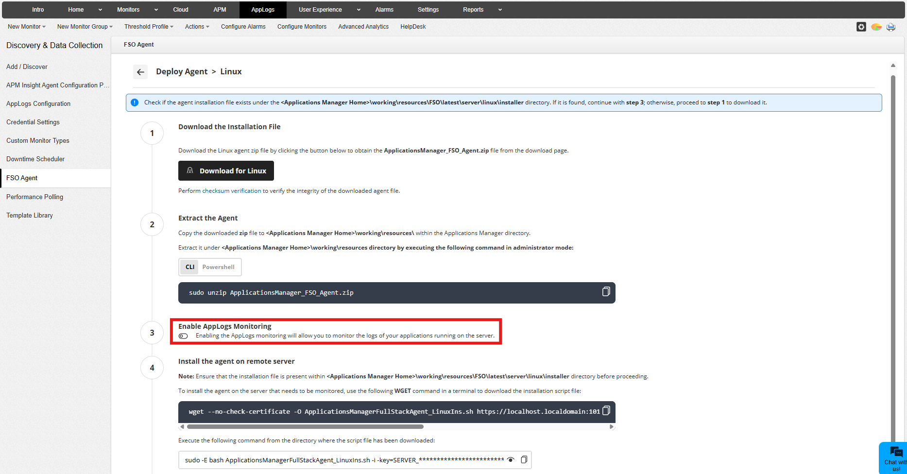 Enable AppLogs during installation