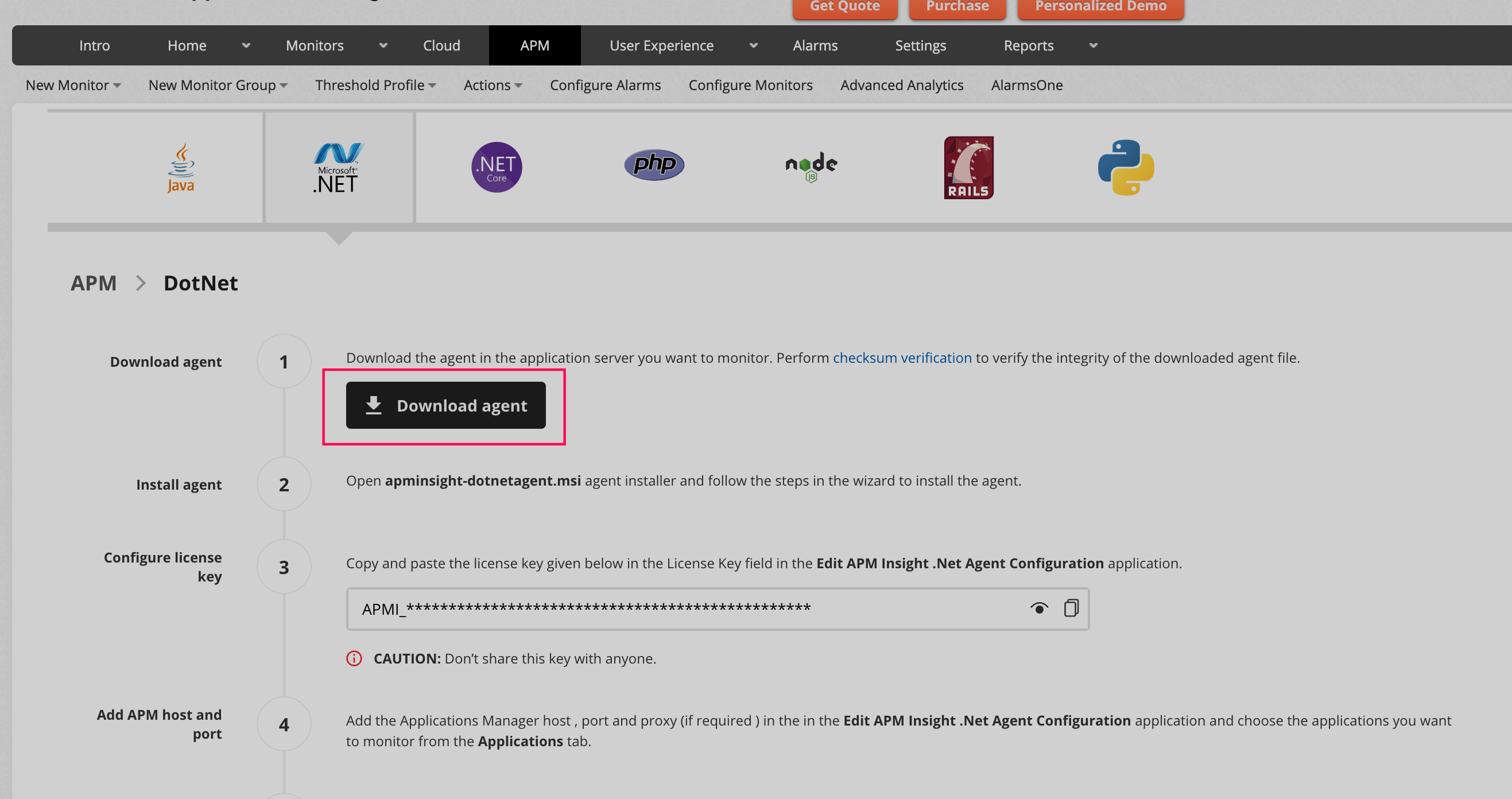 Applications Manager APM Insight .NET agent Upgrade: Agent manual upgrade from add monitor page