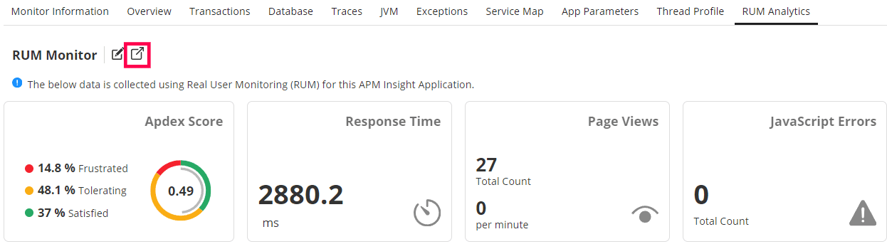 Applications Manager APM Insight RUM Analytics: Redirect to RUM monitor dashboard