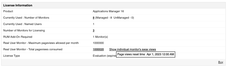 Applications Manager Licensing in Real User Monitoring (RUM): Viewing page views reset time in license information