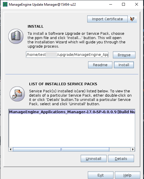 Applications Manager Update Manager: Installing service pack using Update Manager tool