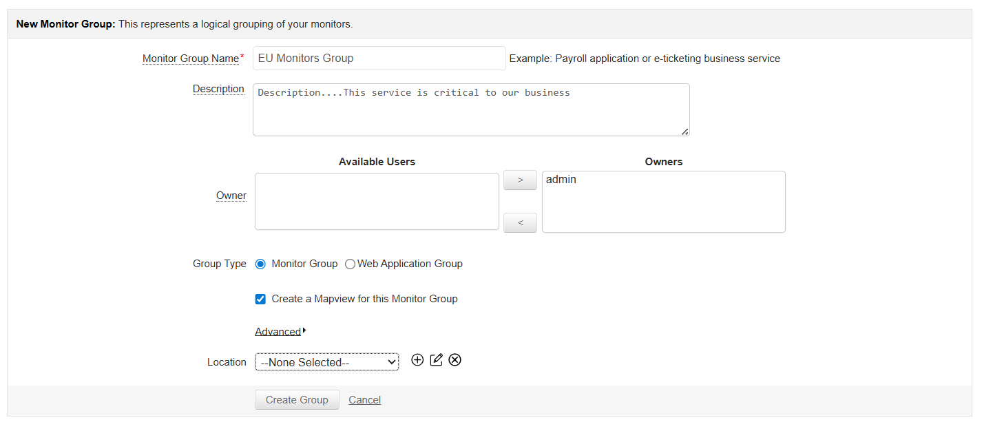 Applications Manager World Map View: Associating Location to Monitor Group