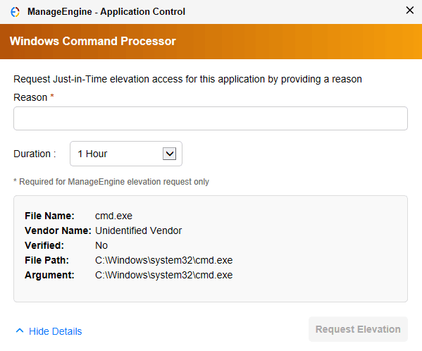 Just-In-Time Elevation Request prompt
