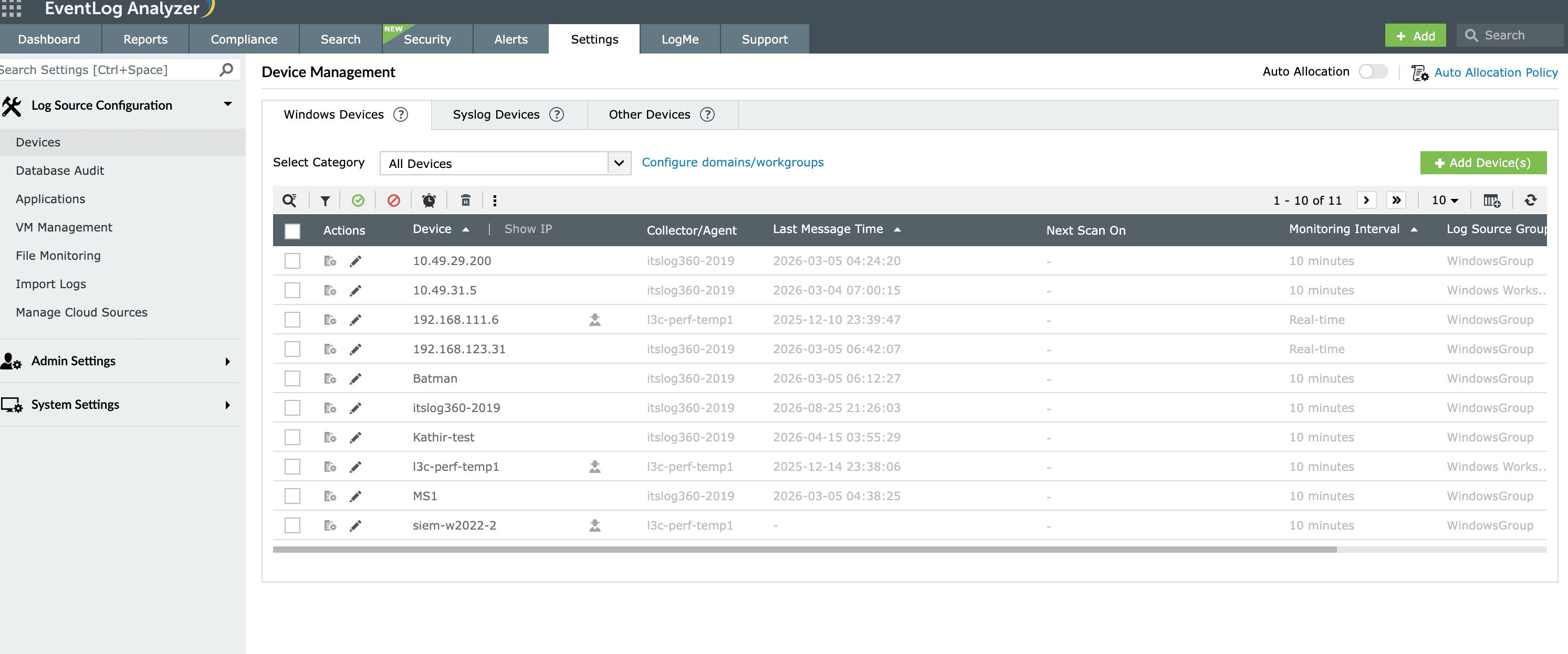 Log source configuration screen showing agentless and agent-based collectors across various sources in EventLog Analyzer