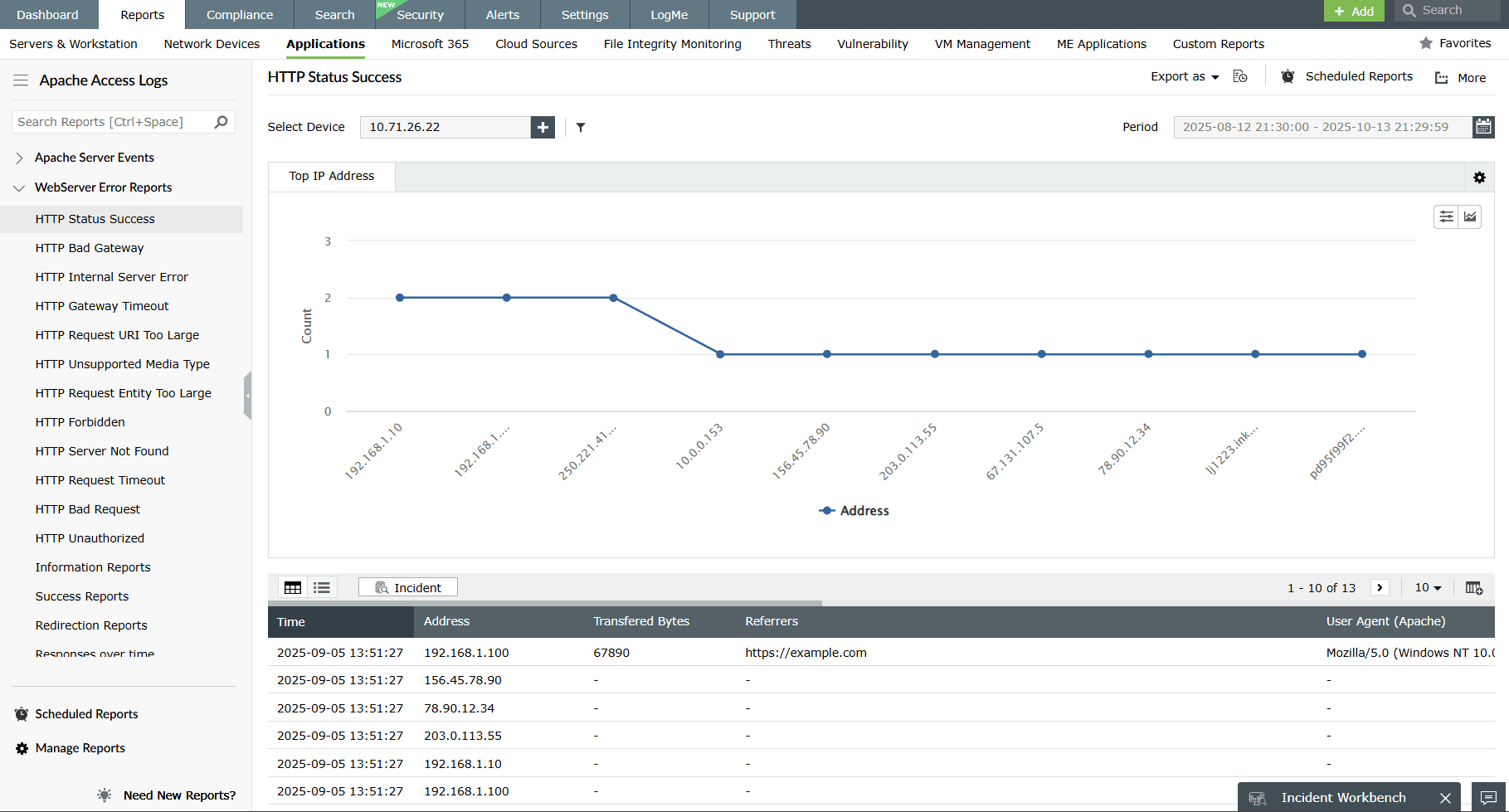 Apache access logs report in EventLog Analyzer showing HTTP status success.