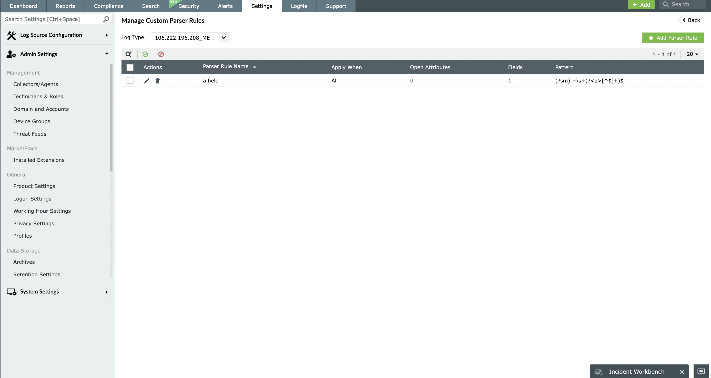 A custom log parsing rule in EventLog Analyzer for managing event logs of a different format