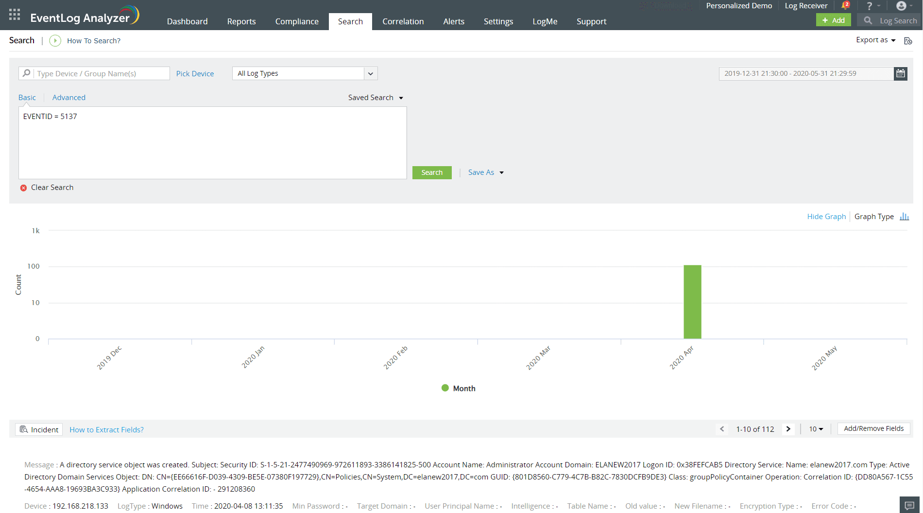 Event log search and forensic analysis