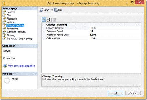 Figure depicting the database properties in the Change Tracking window.