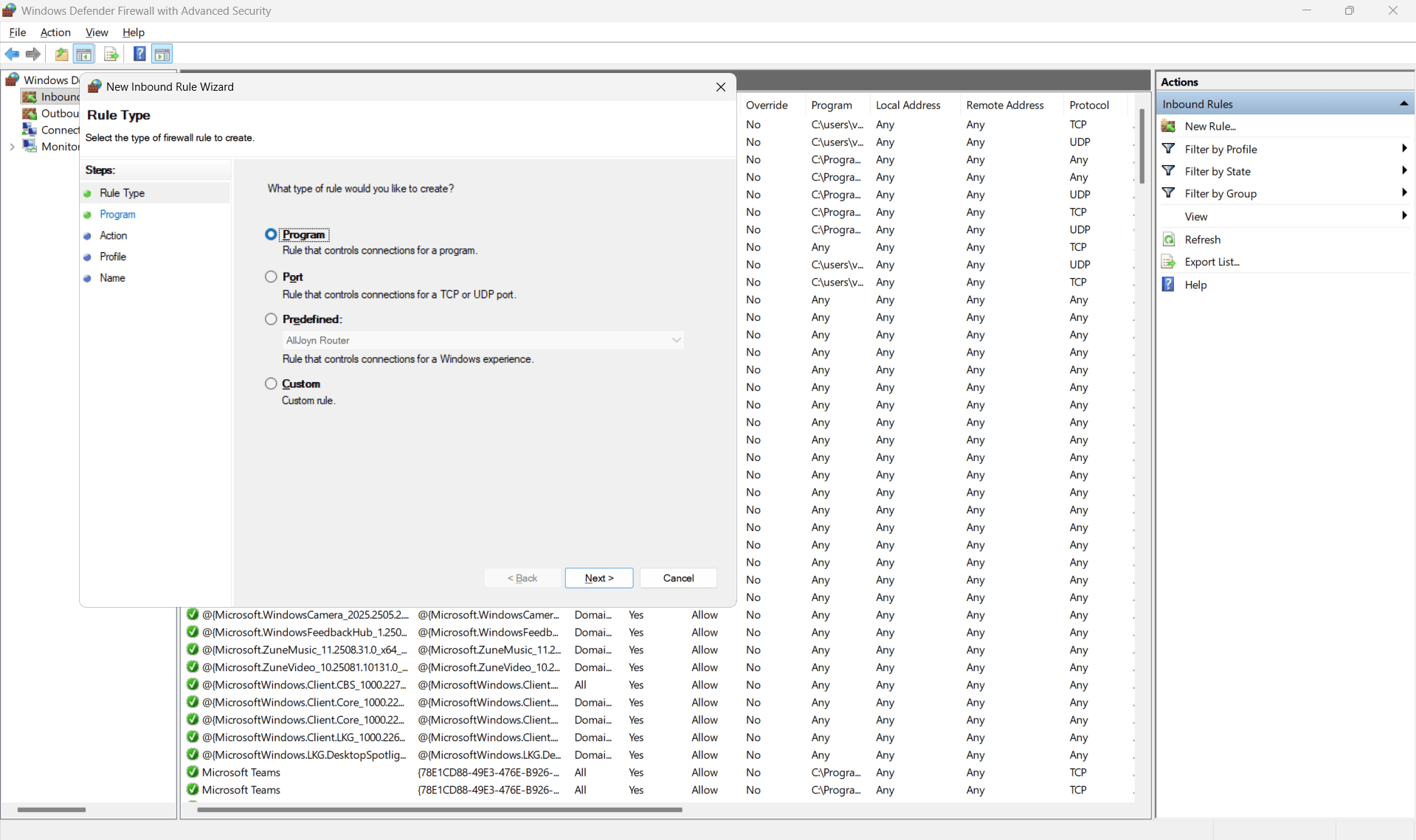 New Inbound Rule dialog box.