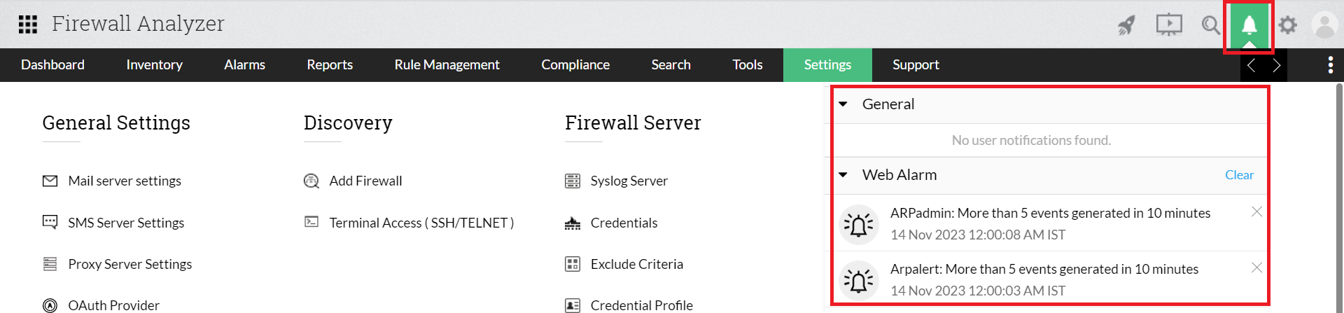 Web alarm notification template in Firewall Analyzer: General settings