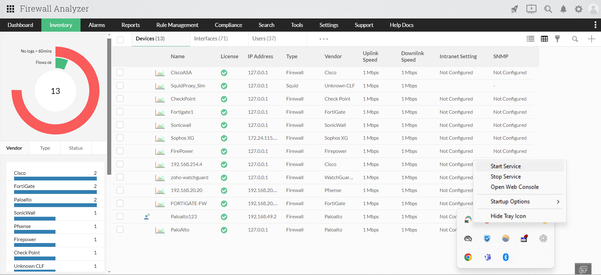 Start and shut down in Firewall Analyzer: Device list