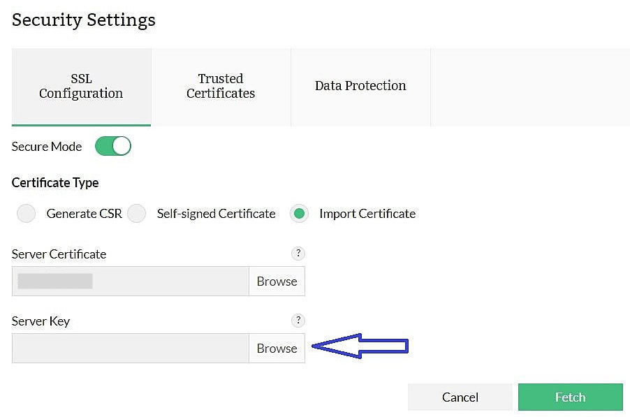 Security settings in Firewall Analyzer: Fetch Server Key