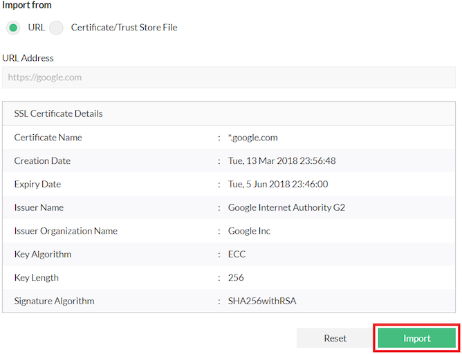 Security settings in Firewall Analyzer: Import Trusted Certificates from URL