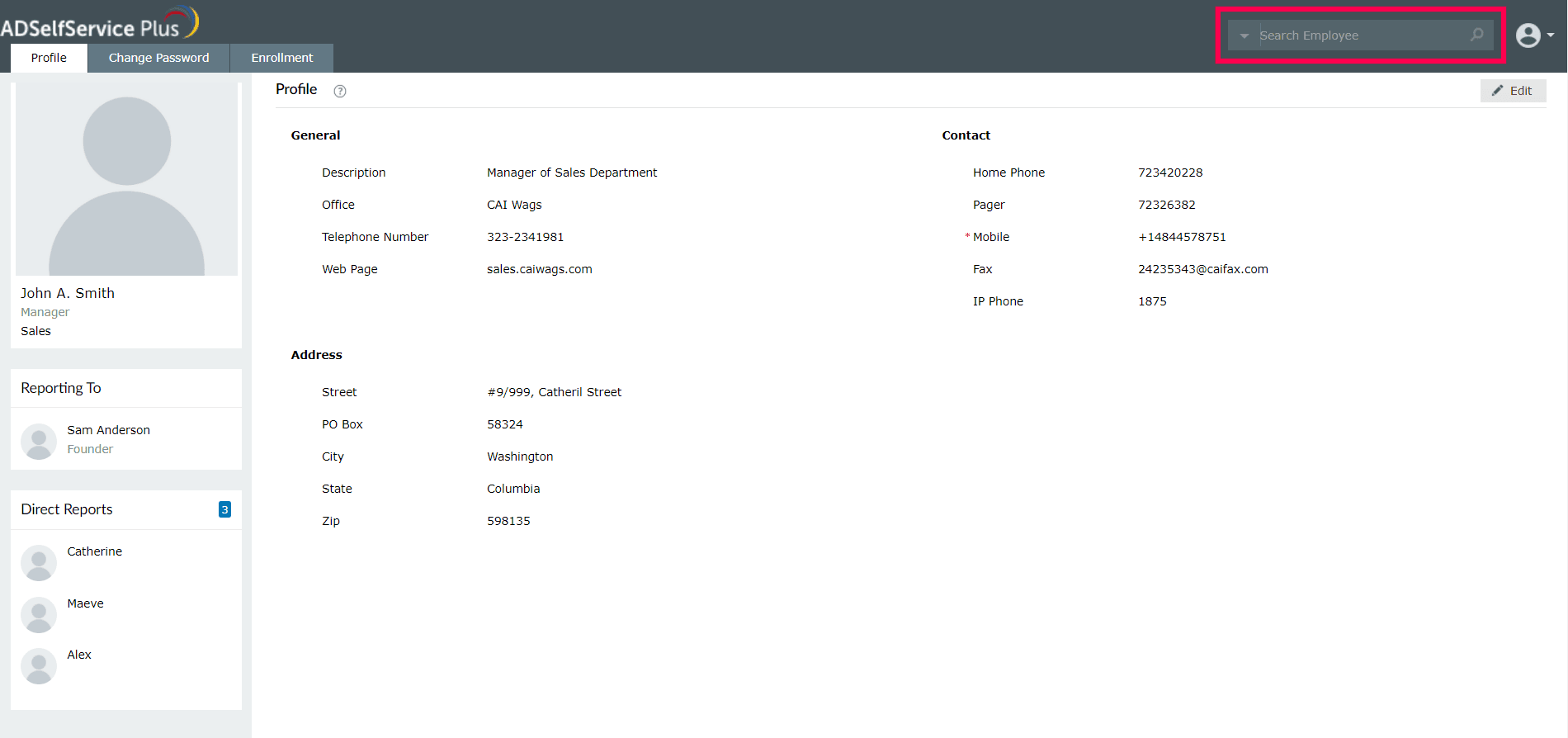 ADSelfService Plus employee search bar in the top-right corner of the portal, with a full employee profile below