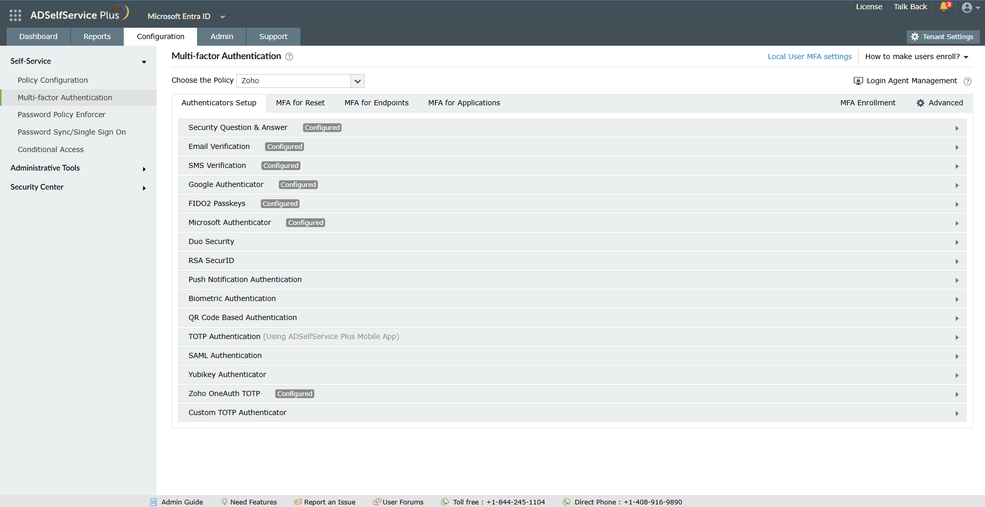 List of authenticators supported by ADSelfService Plus for Microsoft Entra ID authentication.